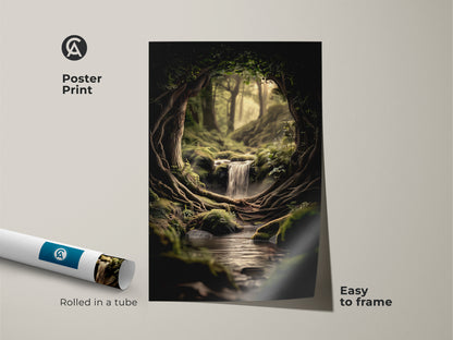 Poster print of woodland waterfall decor is rolled in a tube for easy framing. The digital art print nature features a fantasy forest scene. The art is a unique nature lover housewarming gift.