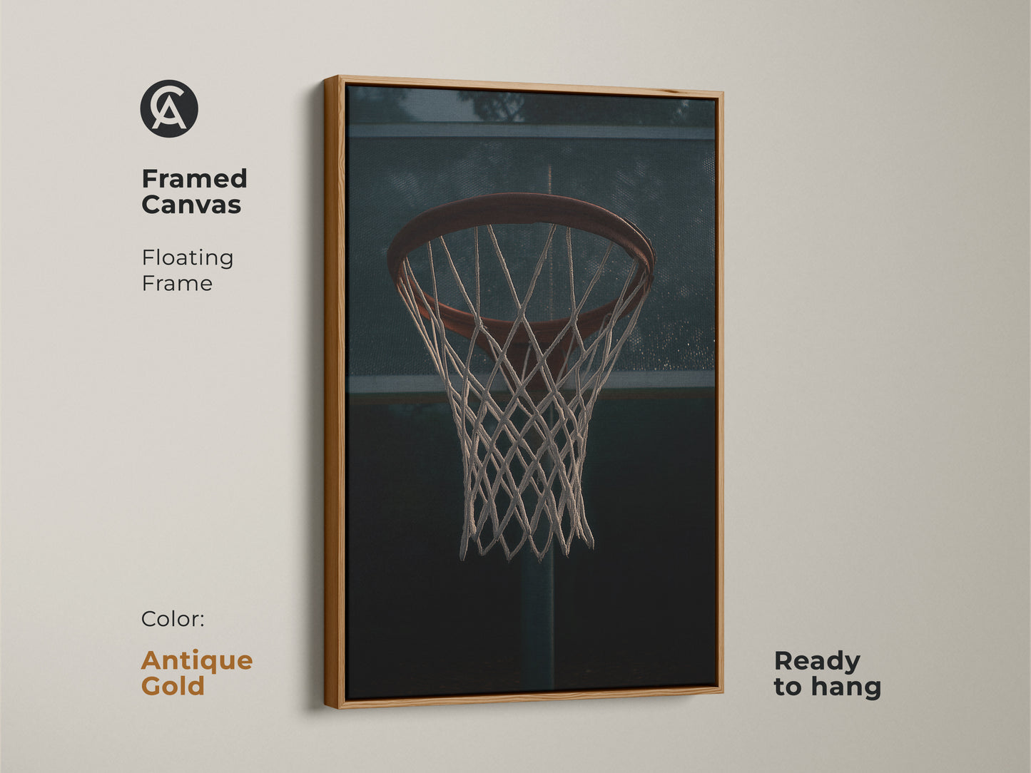 Framed canvas showcasing basketball hoop art with a floating frame. The antique gold frame enhances the industrial sports decor. Ready to hang this game room artwork adds a vintage touch. It's a great gift for him basketball lovers.