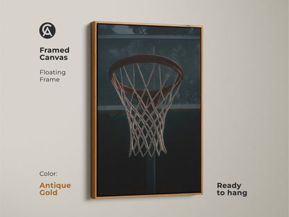 Framed canvas showcasing basketball hoop art with a floating frame. The antique gold frame enhances the industrial sports decor. Ready to hang this game room artwork adds a vintage touch. It's a great gift for him basketball lovers.
