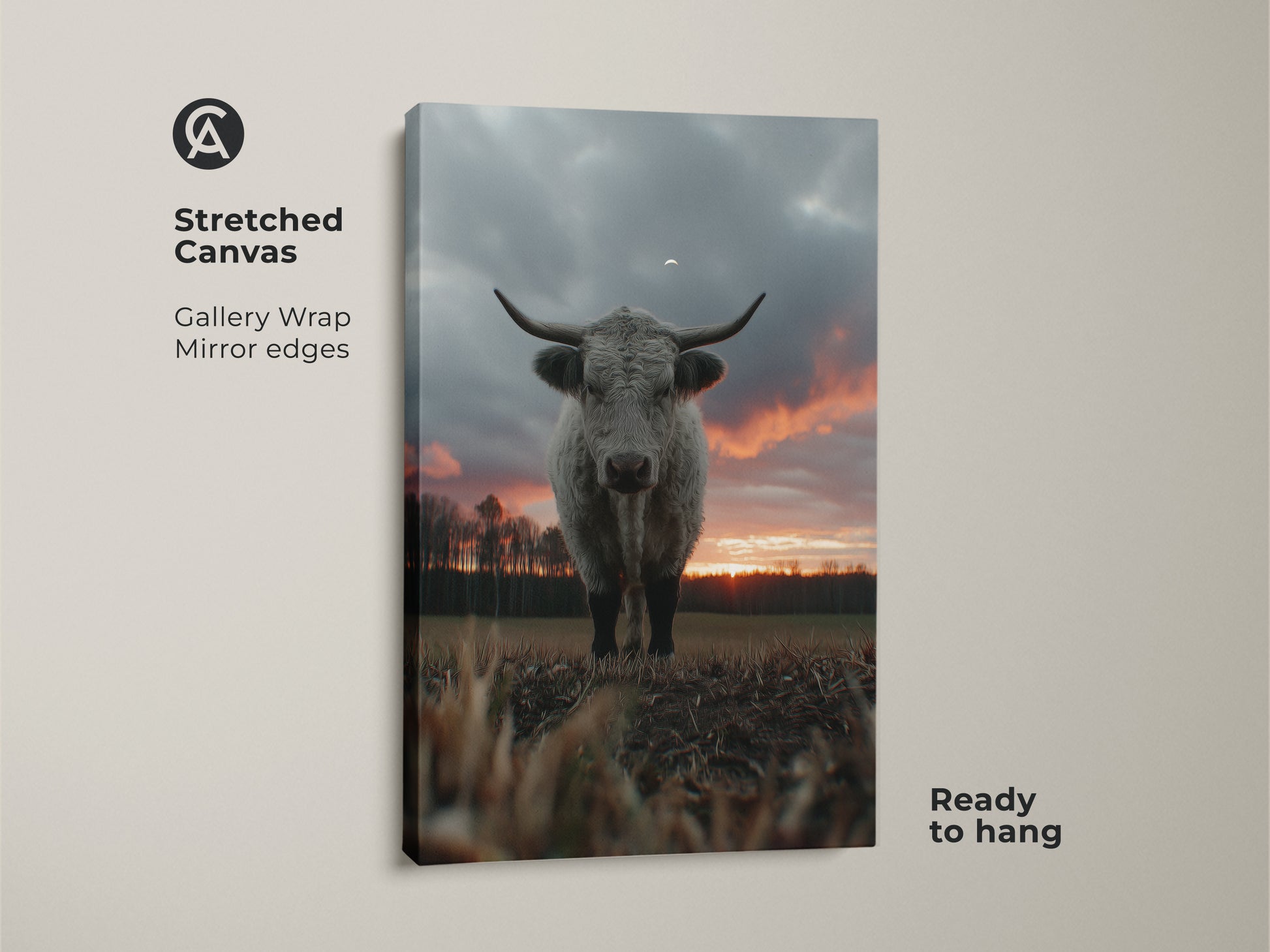 Stretched canvas art print of a Highland cow. This gallery-wrapped farmhouse artwork features mirror edges and is ready to hang. Perfect for adding a touch of country living to your home. The sunset landscape and soft grey cow create a cozy atmosphere.