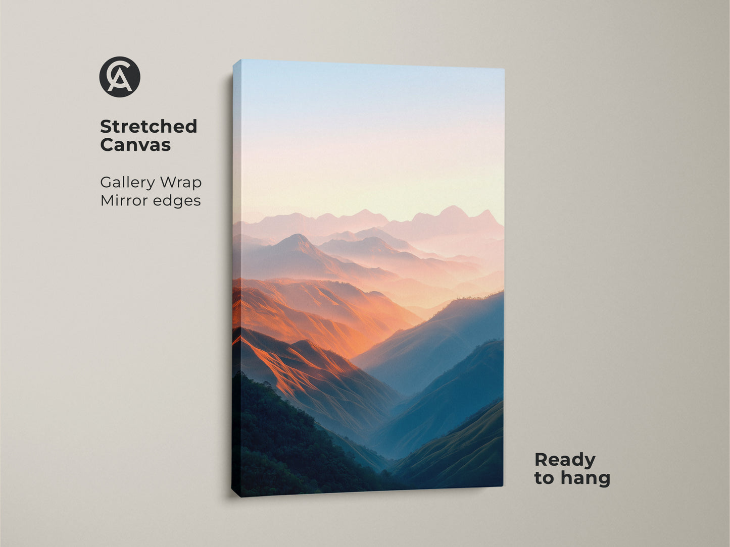 The peach and blue scenic mountain valley canvas art enhances your home decor. The stretched canvas has gallery wrapped mirror edges making it ready to hang. The contemporary artwork brings a touch of nature inside. Enjoy the tranquil valley landscape in any room.