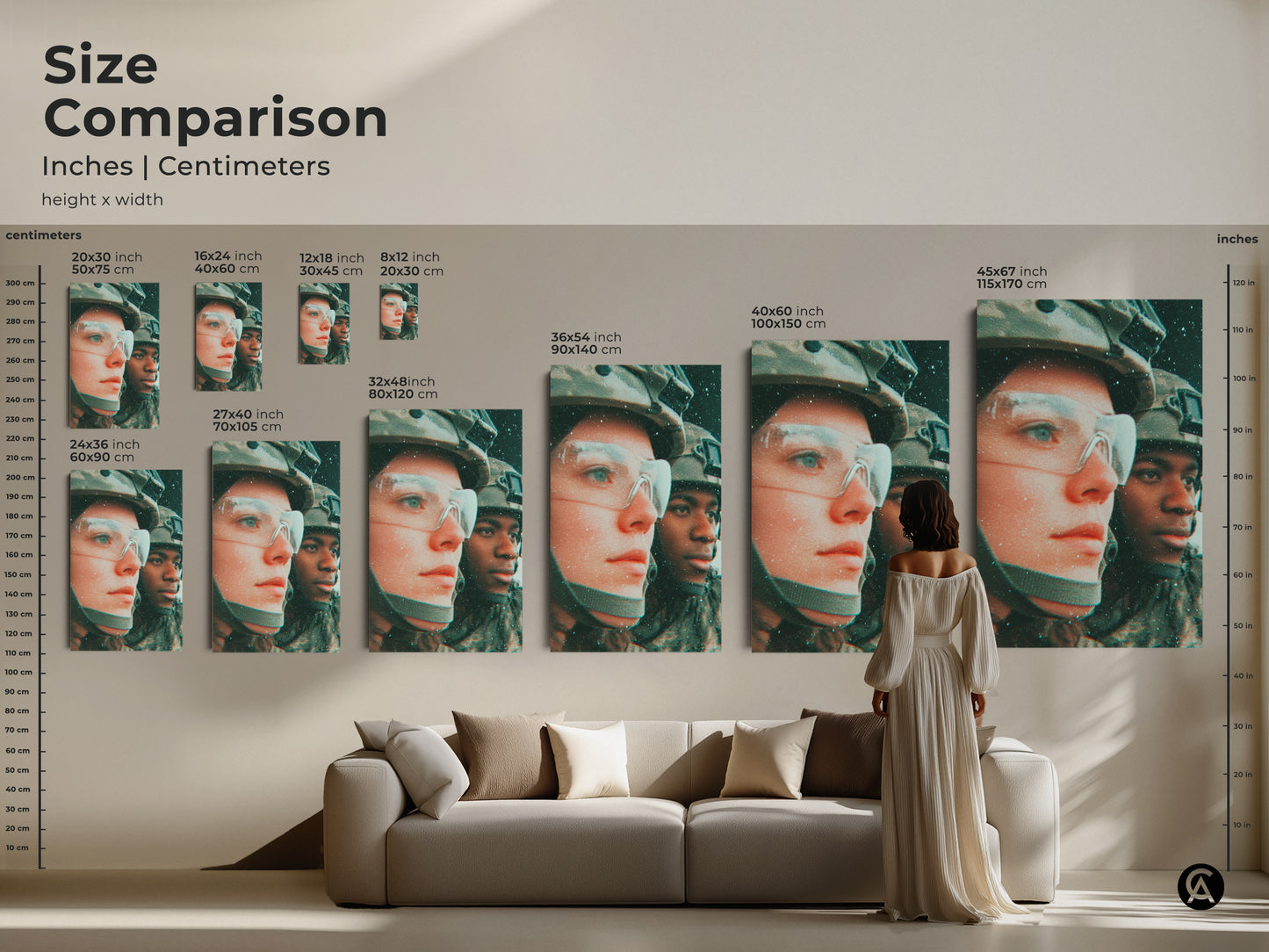 Size comparison for artwork. Inches and centimeters are provided. Various sizes are displayed above a couch. Find the perfect scale for your room. Make a statement with impactful wall art.