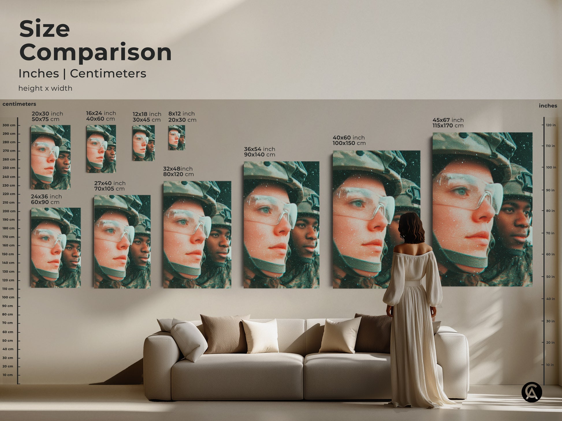 Size comparison for artwork. Inches and centimeters are provided. Various sizes are displayed above a couch. Find the perfect scale for your room. Make a statement with impactful wall art.