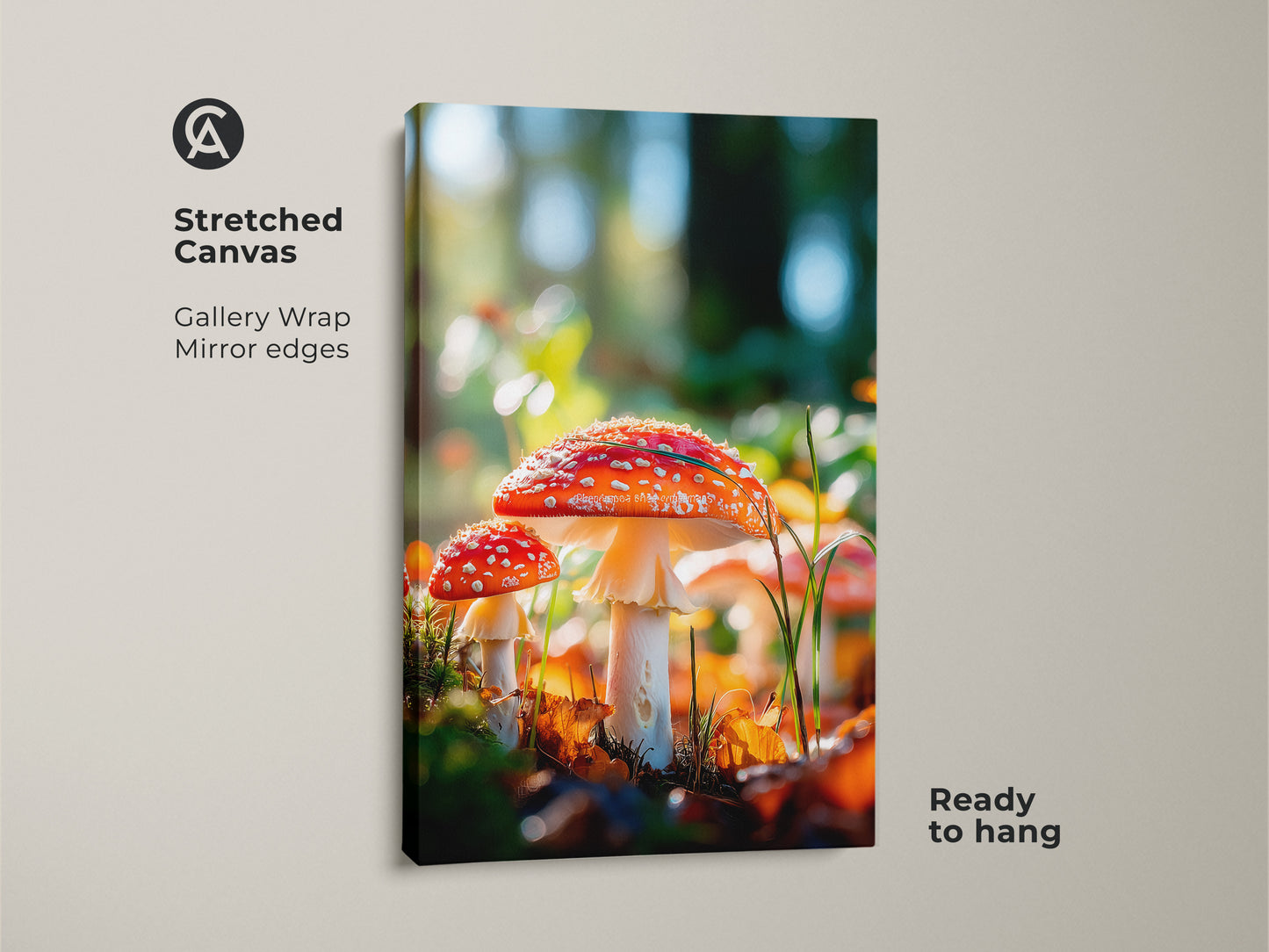 Stretched canvas print of mushrooms. The art features a close up of two toadstool mushrooms. The canvas has mirrored edges. This gallery wrapped canvas is ready to hang and enjoy. 