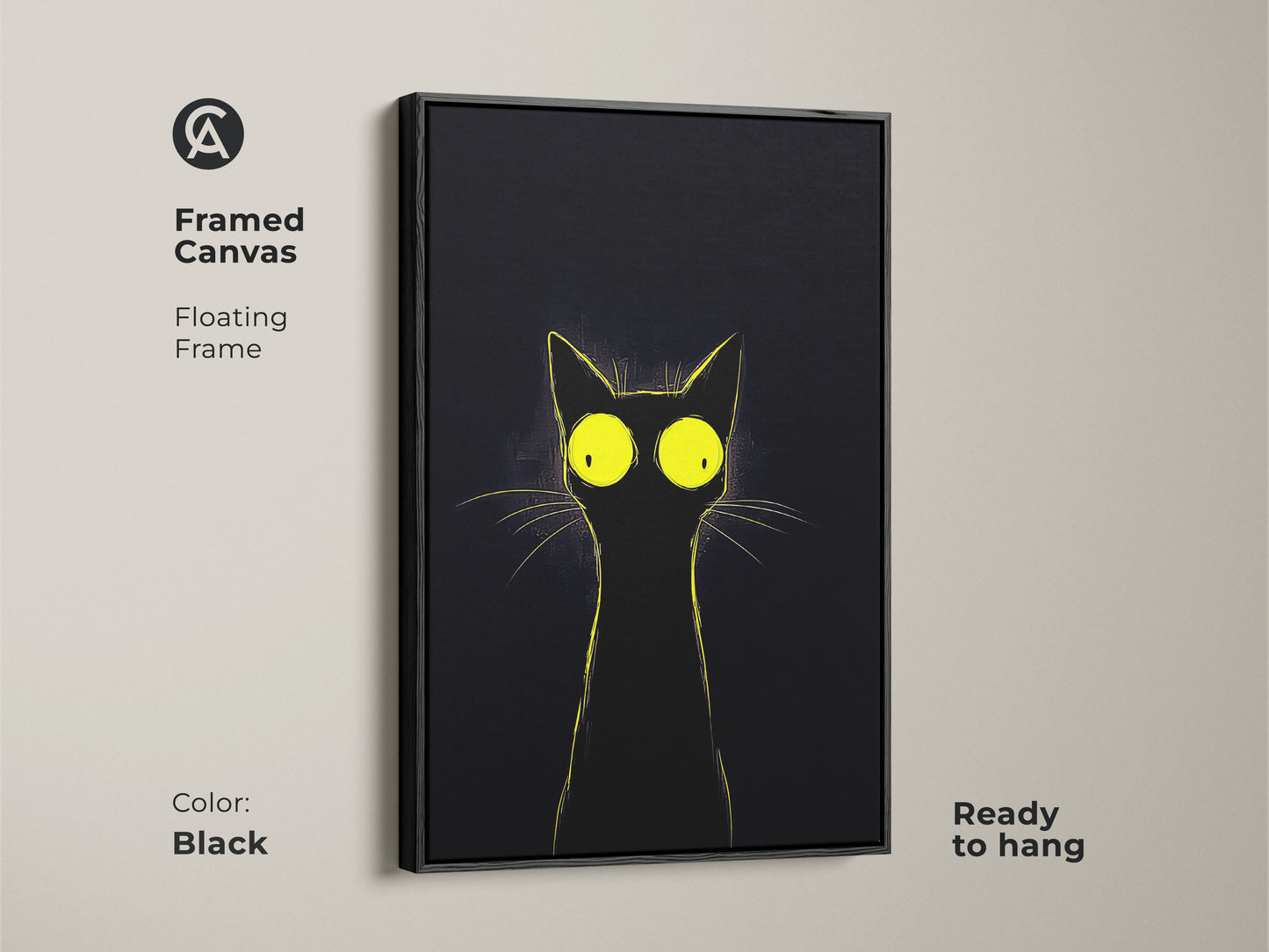 Framed canvas featuring a minimalist black cat with bright yellow eyes. The floating frame enhances the modern cat artwork. Ready to hang this quirky animal art adds a touch of humor to any space. It is a unique gift for cat owners looking for eclectic home decor and artistic black cat illustration.