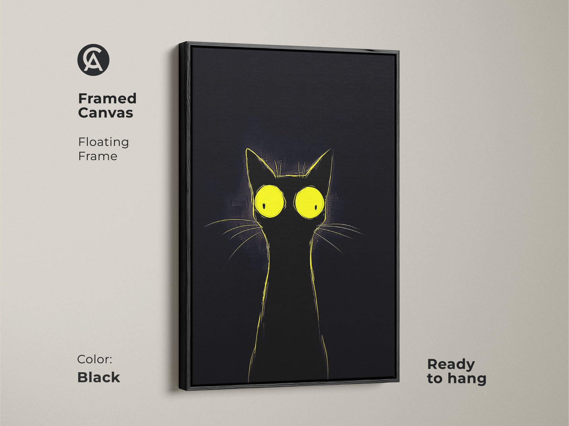 Framed canvas featuring a minimalist black cat with bright yellow eyes. The floating frame enhances the modern cat artwork. Ready to hang this quirky animal art adds a touch of humor to any space. It is a unique gift for cat owners looking for eclectic home decor and artistic black cat illustration.