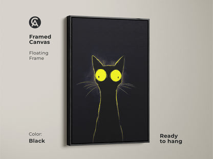 Framed canvas featuring a minimalist black cat with bright yellow eyes. The floating frame enhances the modern cat artwork. Ready to hang this quirky animal art adds a touch of humor to any space. It is a unique gift for cat owners looking for eclectic home decor and artistic black cat illustration.