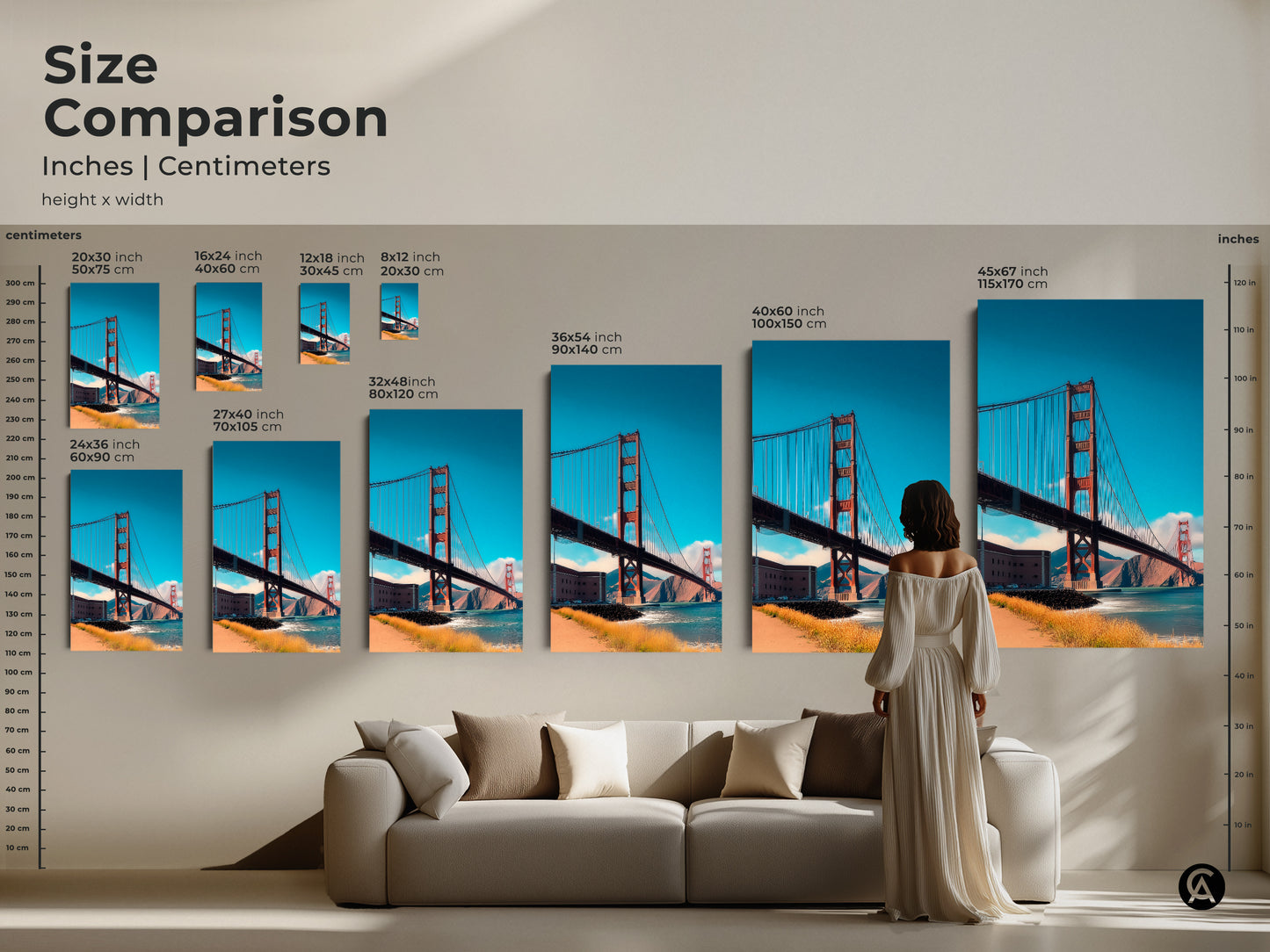 Size comparison of Golden Gate Bridge art prints. See how various sizes of canvas and posters fit above a couch. Choose the ideal scale for your contemporary home decor needs.