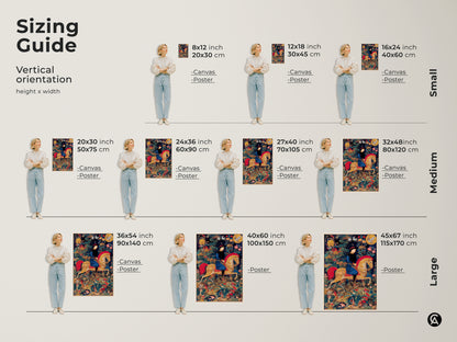 Discover the sizing guide for the medieval knight tapestry art. Visual examples show the artwork in small medium and large sizes. See how the emerald green and gold canvas looks in various dimensions. Find the perfect fit for your space with this historical fantasy print.