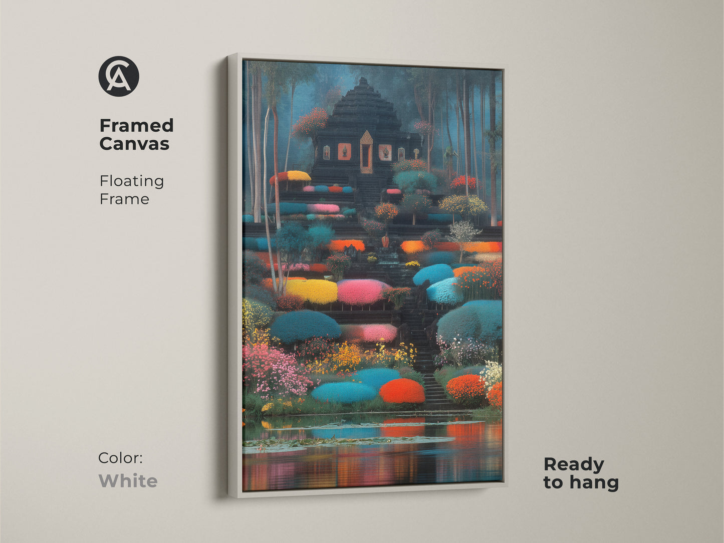 A framed canvas with a white floating frame showcasing a teal red green landscape. This fantasy temple wall art enhances any living space. Ready to hang this vibrant garden artwork makes a great gift idea.