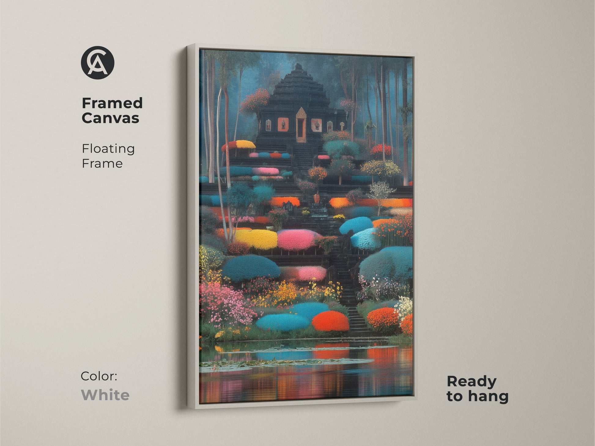 A framed canvas with a white floating frame showcasing a teal red green landscape. This fantasy temple wall art enhances any living space. Ready to hang this vibrant garden artwork makes a great gift idea.