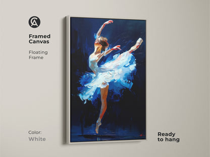 Framed canvas with a floating frame presenting ballet dancer artwork. The white frame offers a clean modern look. This painting is ready to hang. The perfect artwork for any room.