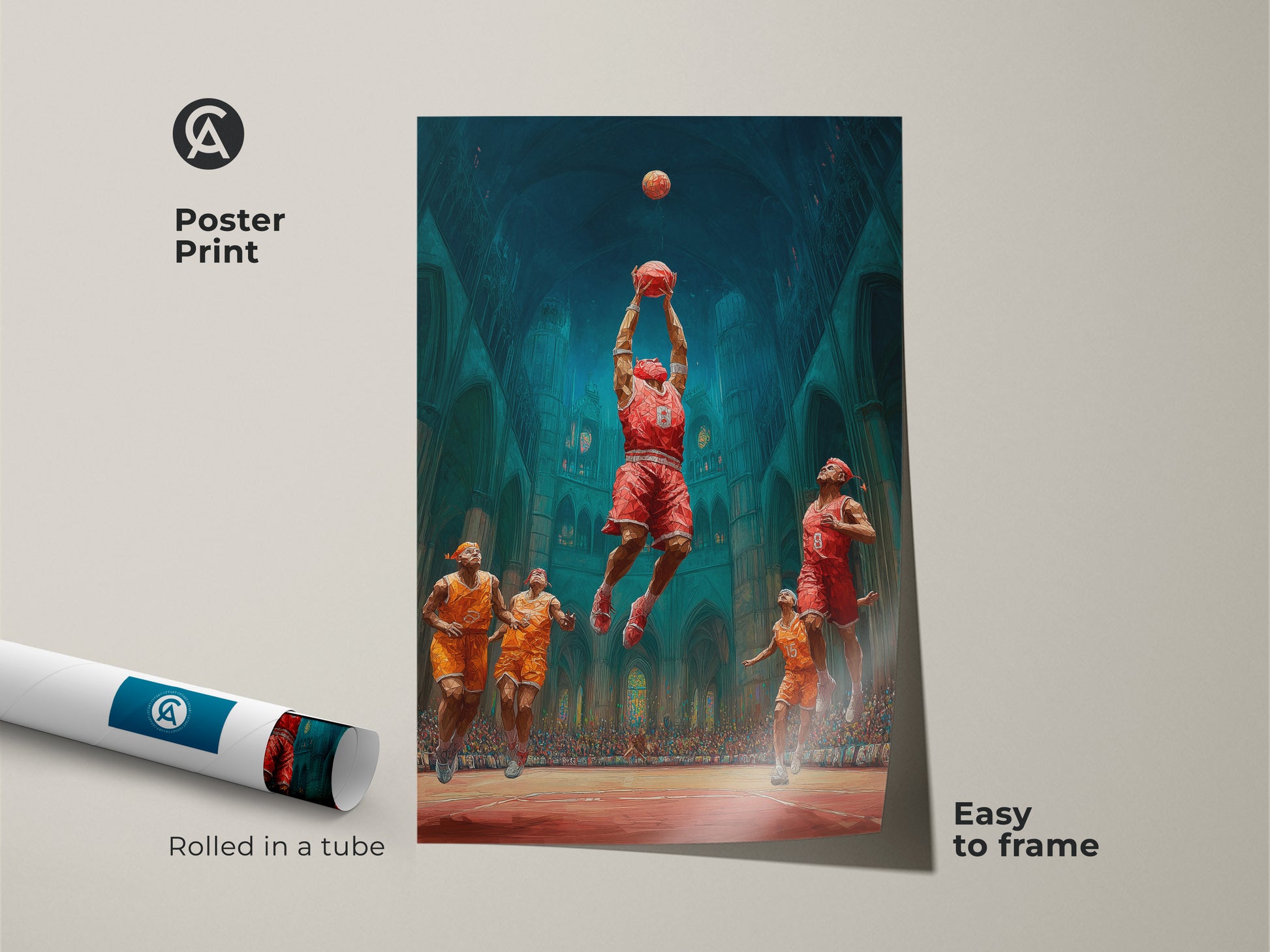 This poster print showcases a basketball dunk in a gothic cathedral. The art print is easy to frame. Rolled in a tube for protection it is ideal for teen rooms. This art is also a great gift for basketball fans.