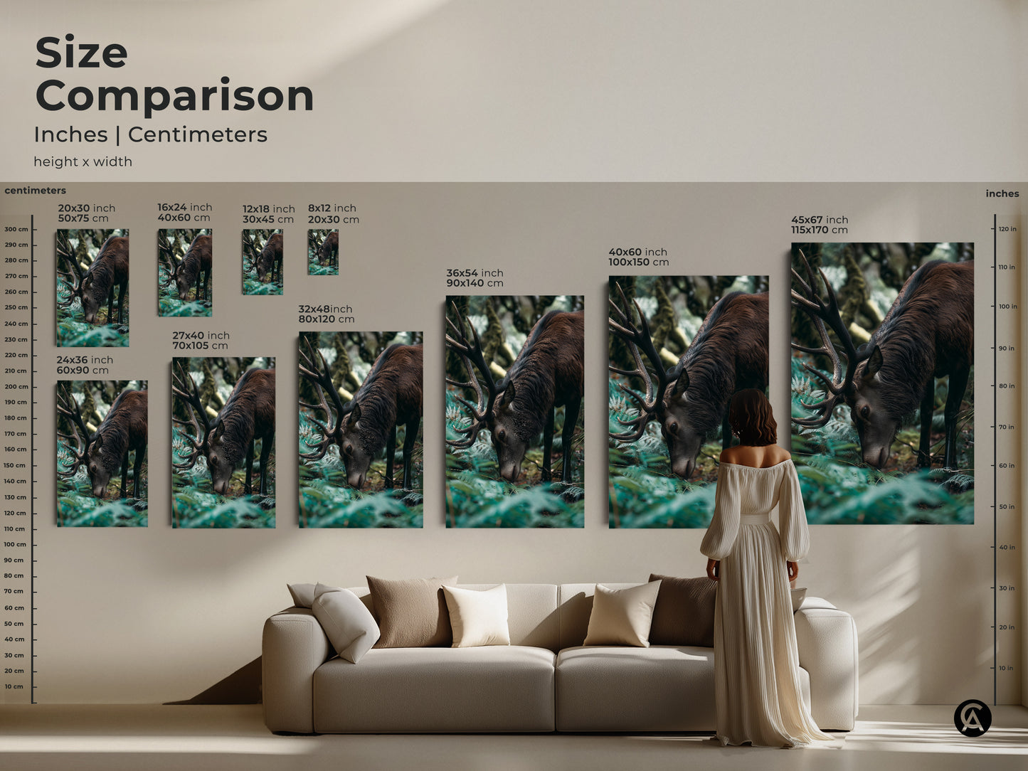 Size comparison of the elk canvas print. See how this rustic wildlife art looks above a sofa. The photorealistic deer artwork is available in various sizes. Perfect for adding nature to your living space.