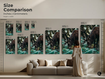 Size comparison of the elk canvas print. See how this rustic wildlife art looks above a sofa. The photorealistic deer artwork is available in various sizes. Perfect for adding nature to your living space.