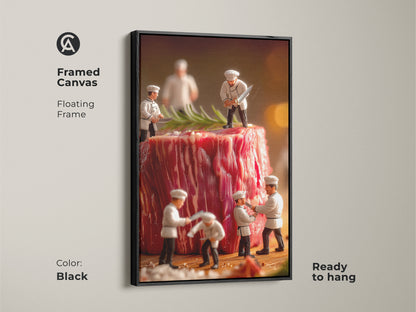 Black framed canvas showcasing miniature chefs around a giant steak. The floating frame adds a touch of elegance to this playful art piece. Ready to hang this artwork brings a unique food-themed focal point to your home decor.