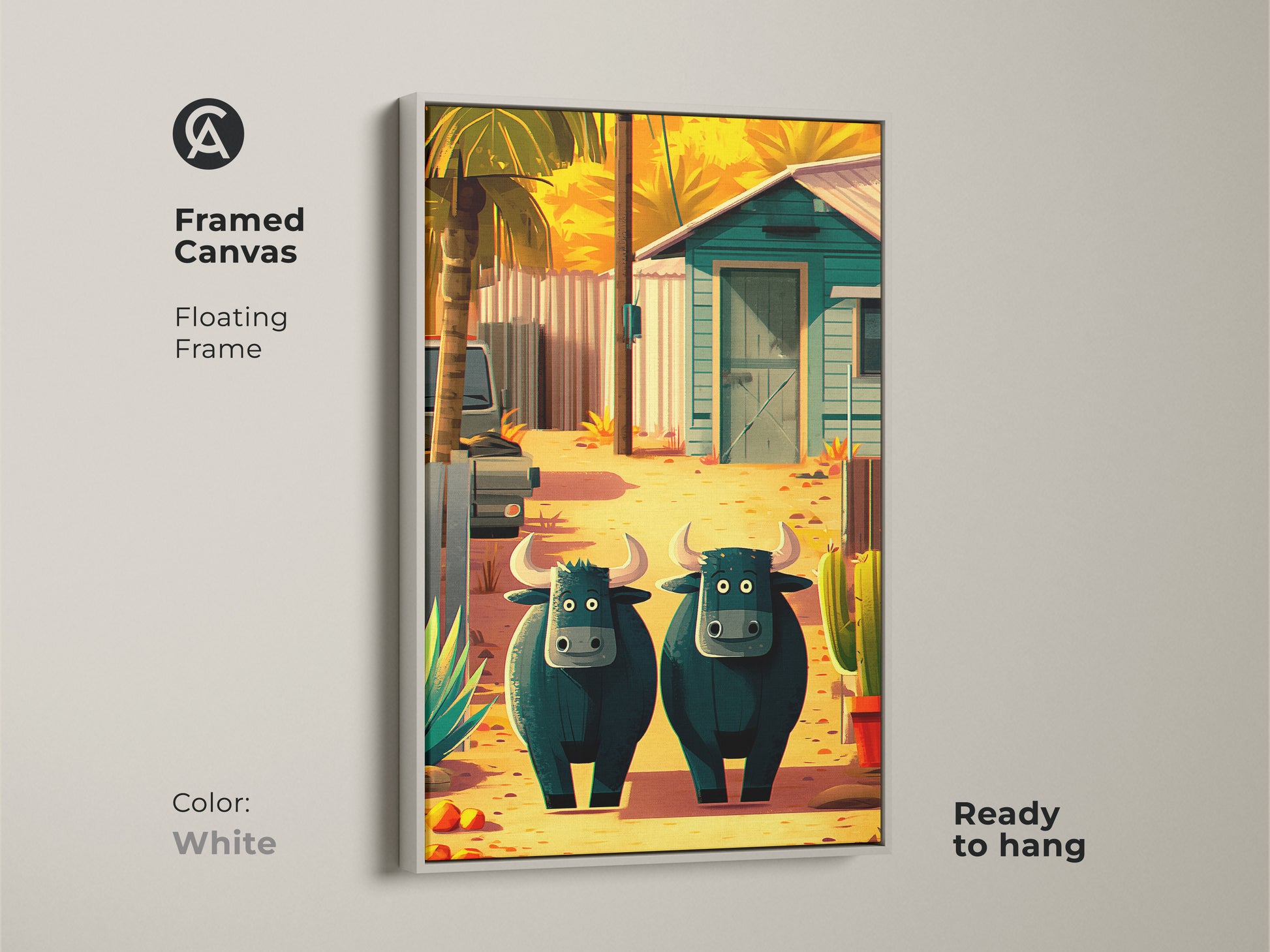 Farmhouse buffalo artwork print with a white floating frame. The cartoon animal art showcases two buffalo cacti and palm trees. The yellow orange and teal artwork is a playful addition. This unique eclectic art is a fun animal themed gift.