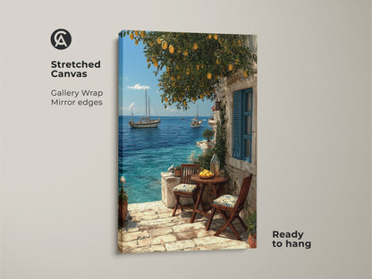 This stretched canvas art features a Mediterranean coastal view. A lemon tree overlooks sailboats on the clear blue sea. Gallery-wrapped with mirrored edges this piece is ready to hang. Perfect nautical home decor to bring the beach into your living room. It makes a beautiful ocean view artwork.