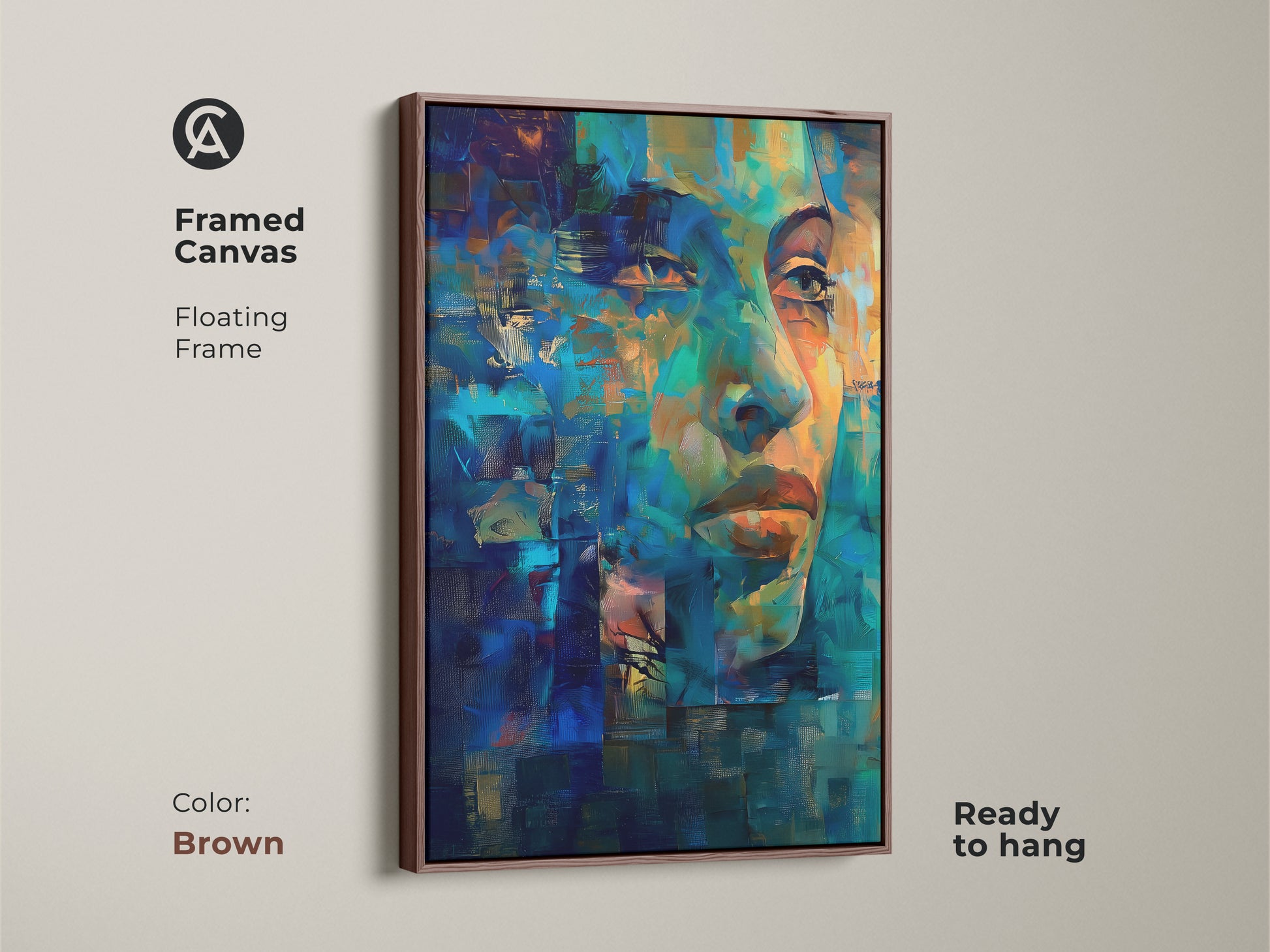 Framed canvas featuring a brown floating frame. It features an abstract woman's face in blue and teal tones. This modern artwork is ideal for adding color and sophistication. Great for home or office decor. The canvas is ready to hang.