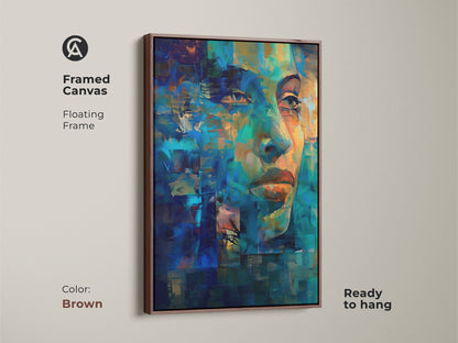 Framed canvas featuring a brown floating frame. It features an abstract woman's face in blue and teal tones. This modern artwork is ideal for adding color and sophistication. Great for home or office decor. The canvas is ready to hang.