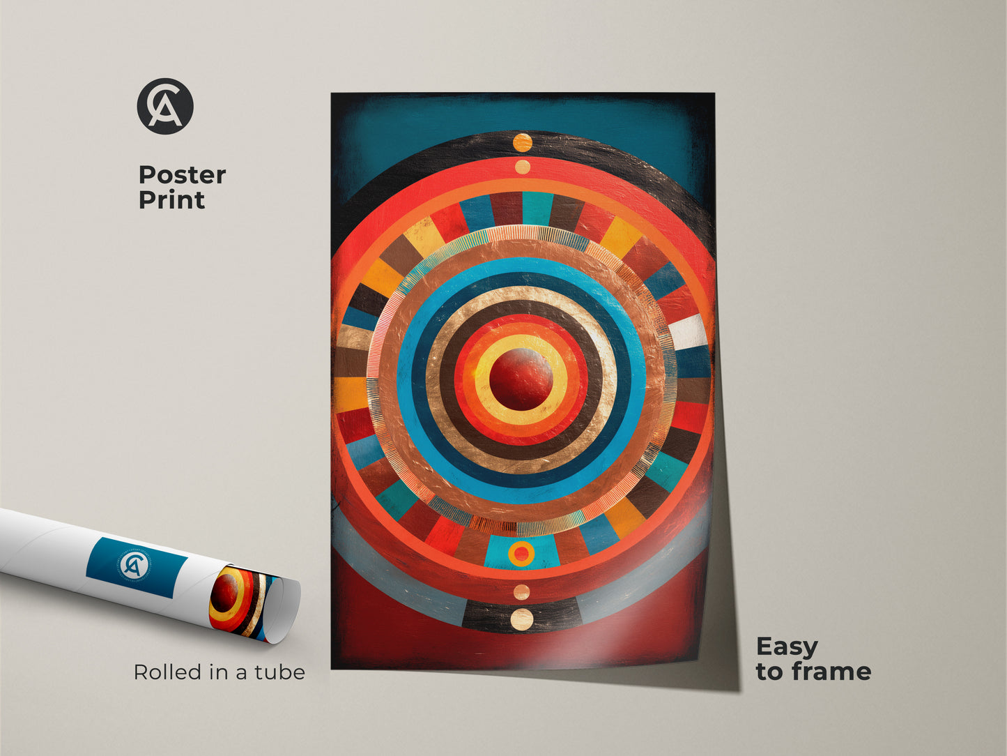Museum-quality poster print displays an abstract geometric art piece. Concentric circle artwork in gold teal and crimson is easy to frame. A modern abstract artwork with radiating patterns suits unique home decor. This art enthusiast present adds vivid color to any office wall.