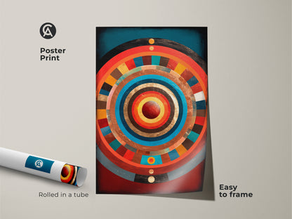 Museum-quality poster print displays an abstract geometric art piece. Concentric circle artwork in gold teal and crimson is easy to frame. A modern abstract artwork with radiating patterns suits unique home decor. This art enthusiast present adds vivid color to any office wall.