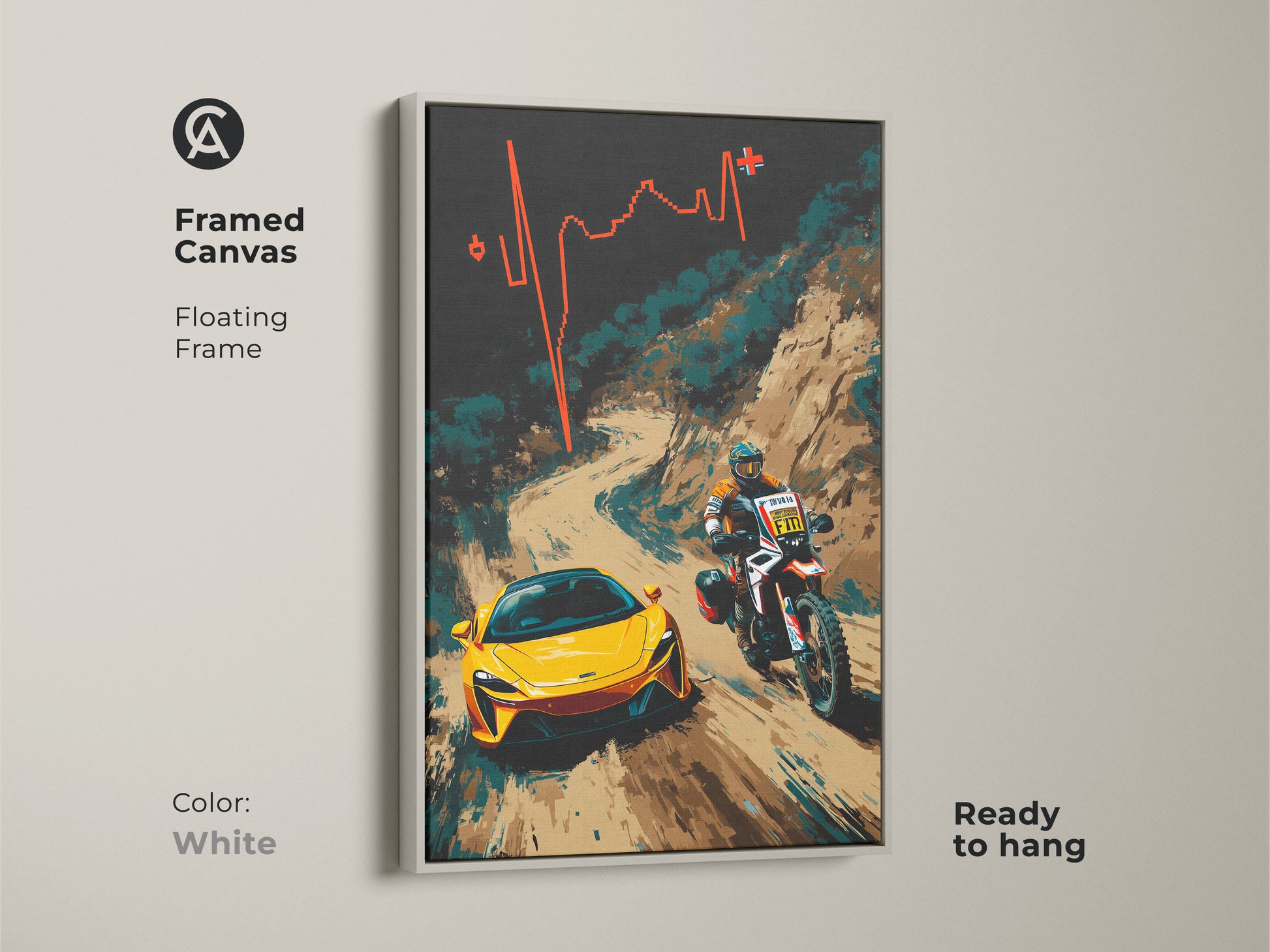 Create a modern aesthetic with this framed canvas artwork. The clean white floating frame enhances the vibrant abstract motorcycle art. A yellow sports car races alongside a dirt bike rider. Ready to hang the art brings contemporary flair to your decor. Ideal for F1 fans and motorsport enthusiasts seeking stylish wall art. Brighten your space with this fresh piece.