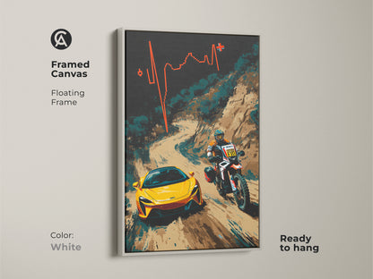Create a modern aesthetic with this framed canvas artwork. The clean white floating frame enhances the vibrant abstract motorcycle art. A yellow sports car races alongside a dirt bike rider. Ready to hang the art brings contemporary flair to your decor. Ideal for F1 fans and motorsport enthusiasts seeking stylish wall art. Brighten your space with this fresh piece.