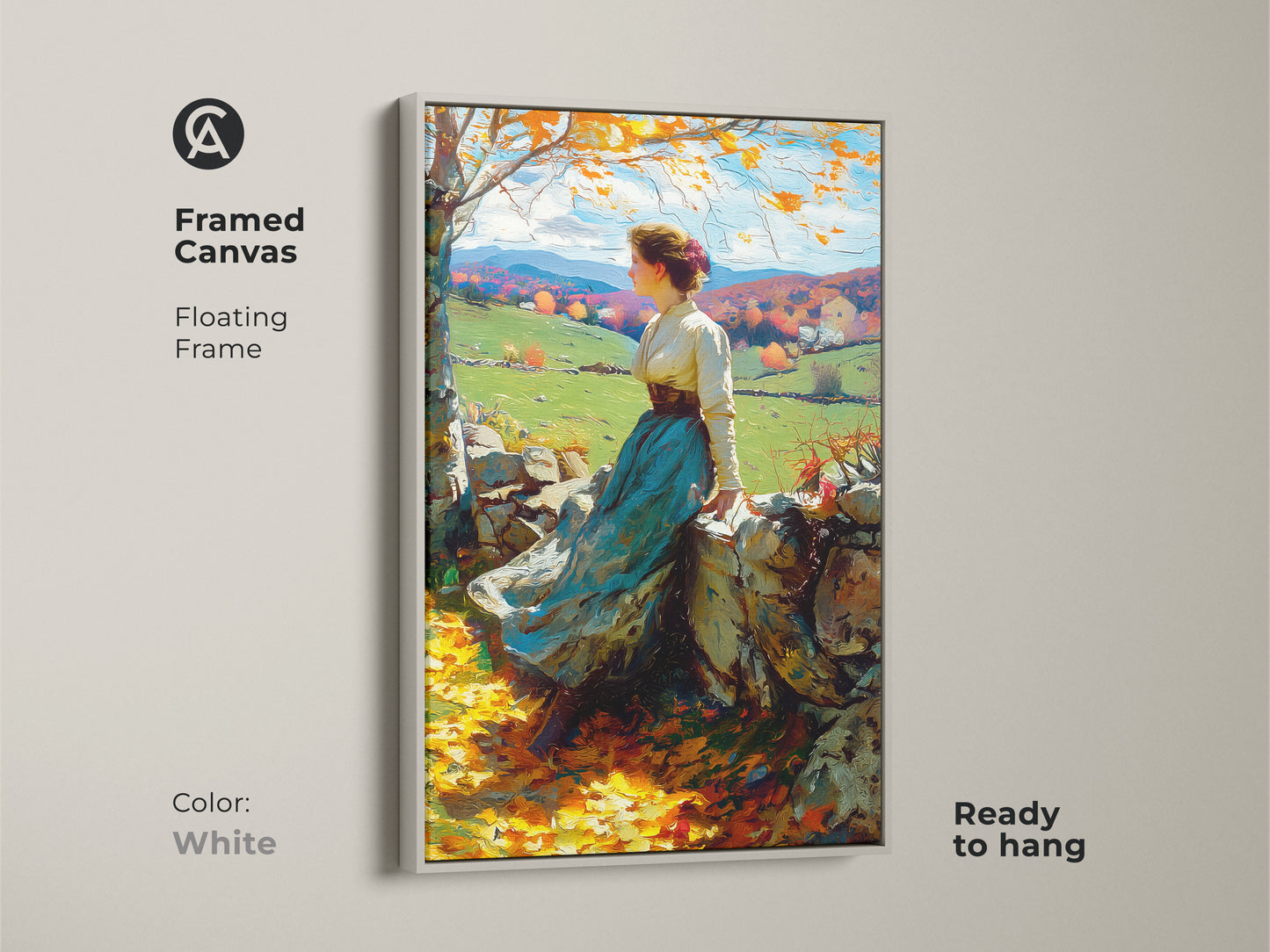 A framed canvas artwork displays a woman. She is sitting on a stone wall in an autumn landscape. The floating frame provides a modern look. The white frame allows the artwork to stand out. Ready to hang this piece offers a clean classic art touch to your home decor.