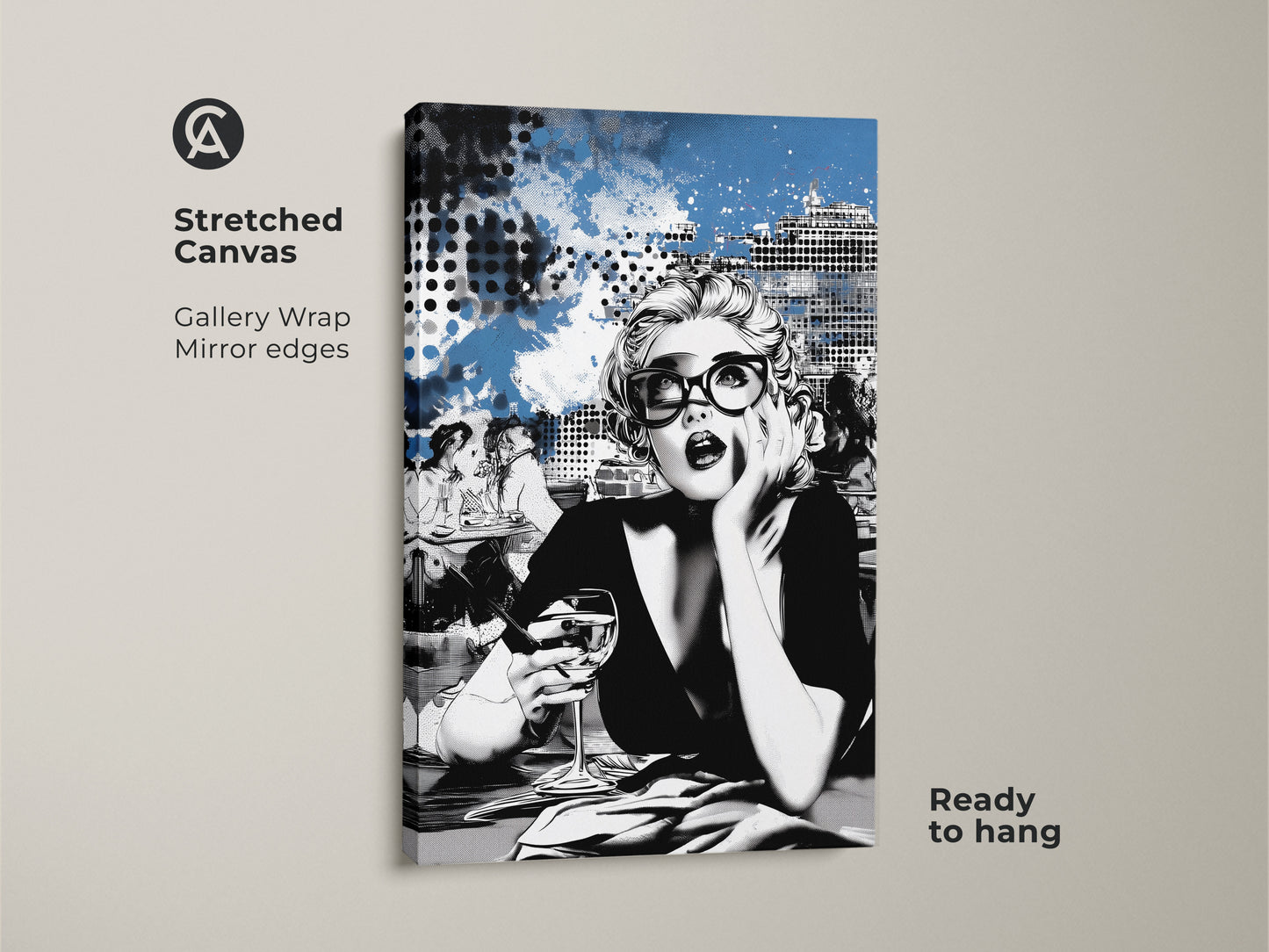 Stretched canvas pop art print. A modern abstract cityscape serves as the backdrop for this chic pop art woman. Gallery wrapped with mirror edges this canvas is ready to hang. It is an ideal art piece for a fashionista's living room. The blue and black art complements any contemporary decor.