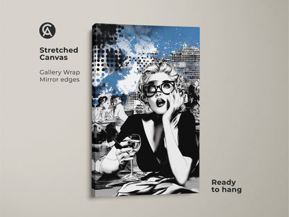 Stretched canvas pop art print. A modern abstract cityscape serves as the backdrop for this chic pop art woman. Gallery wrapped with mirror edges this canvas is ready to hang. It is an ideal art piece for a fashionista's living room. The blue and black art complements any contemporary decor.