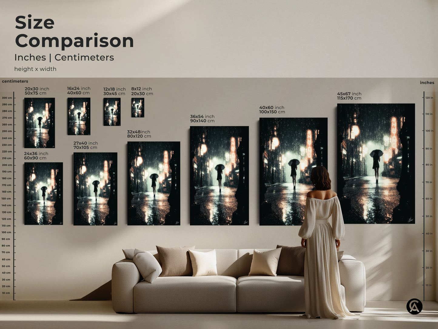 Size comparison of urban nightscape canvas prints. It shows a woman in white dress. Various sizes from 16x24 to 45x67 inches are displayed above a sofa. See how the cinematic rainy street art transforms your living space.