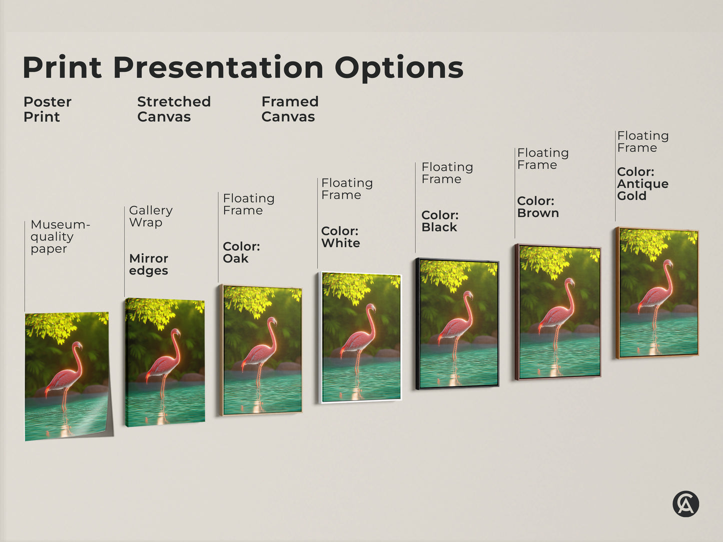 Explore print presentation options for pink flamingo artwork. Choose from poster prints stretched canvas and framed canvas. Select museum-quality paper or gallery wrapped edges. Floating frames are available in black brown antique gold oak and white. Find the perfect style for your home decor.