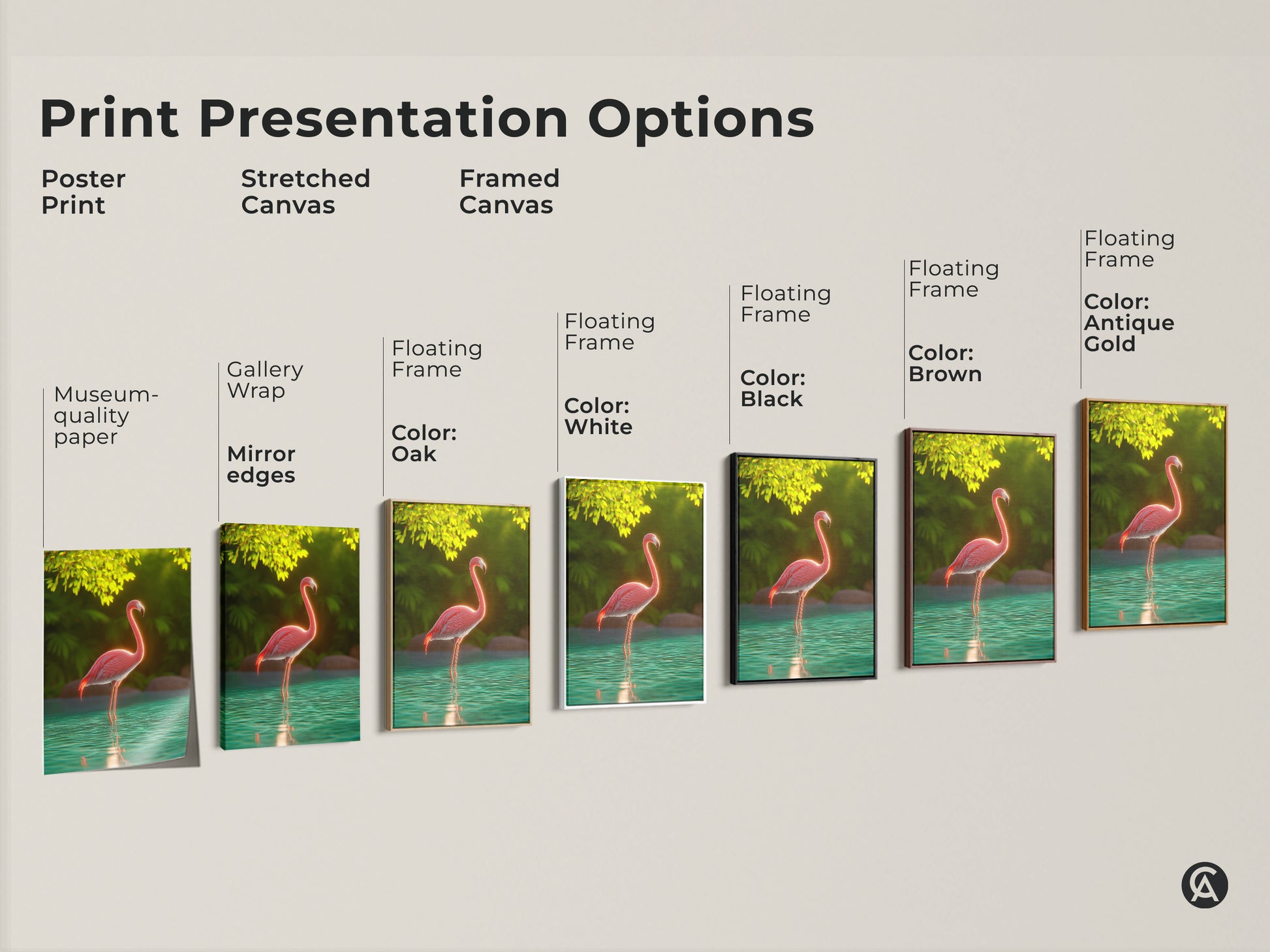 Explore print presentation options for pink flamingo artwork. Choose from poster prints stretched canvas and framed canvas. Select museum-quality paper or gallery wrapped edges. Floating frames are available in black brown antique gold oak and white. Find the perfect style for your home decor.