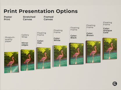 Explore print presentation options for pink flamingo artwork. Choose from poster prints stretched canvas and framed canvas. Select museum-quality paper or gallery wrapped edges. Floating frames are available in black brown antique gold oak and white. Find the perfect style for your home decor.