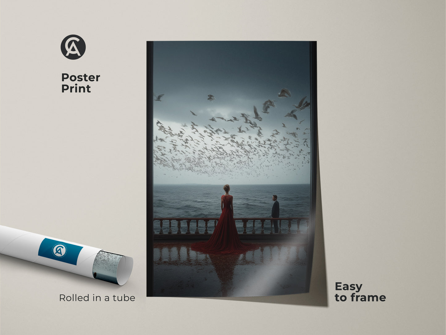 A poster print showcases a couple watching seagulls. This romantic anniversary gift is easy to frame. The rolled tube ensures safe delivery. The blue and red abstract art is perfect for a bedroom. This modern seascape canvas enhances home decor for couples.