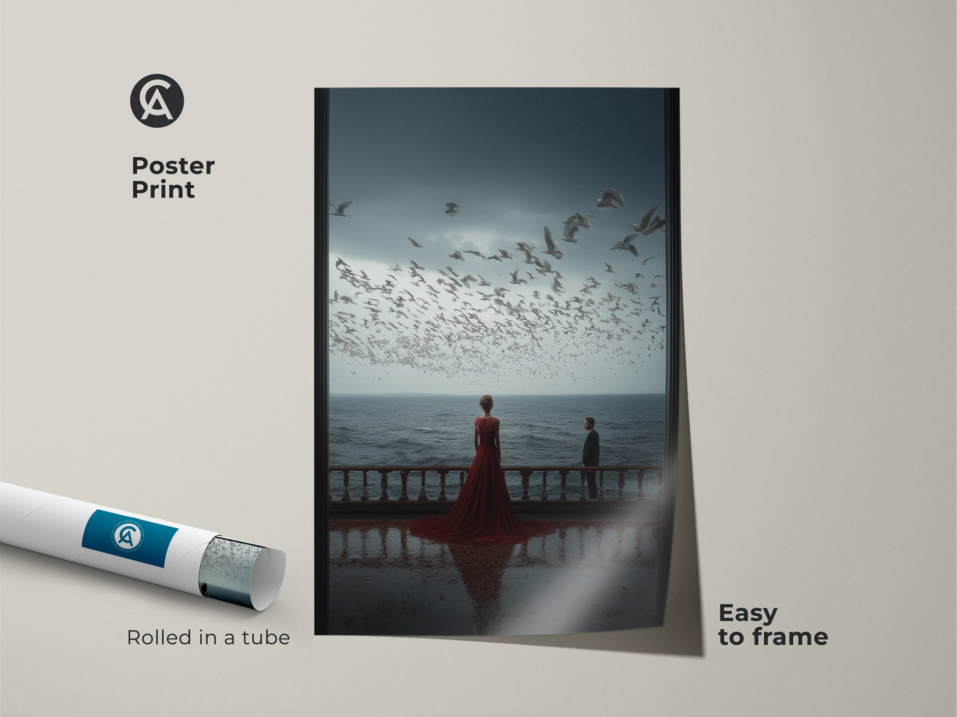 A poster print showcases a couple watching seagulls. This romantic anniversary gift is easy to frame. The rolled tube ensures safe delivery. The blue and red abstract art is perfect for a bedroom. This modern seascape canvas enhances home decor for couples.