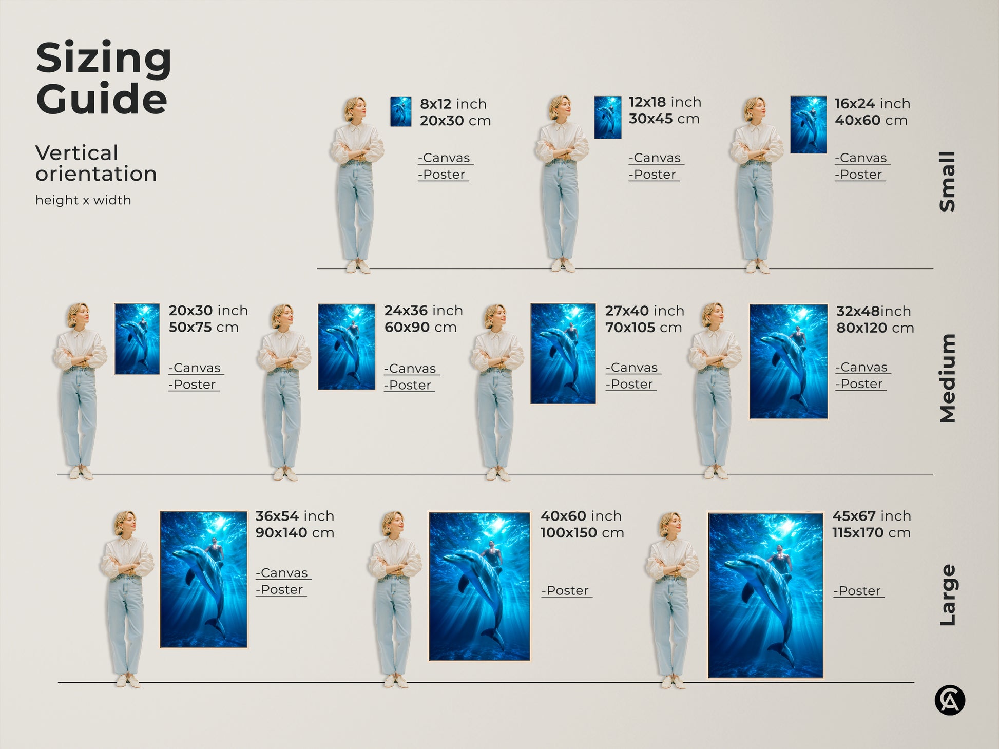 Sizing guide for vertical orientation art prints. It shows a man swimming with a dolphin underwater in various sizes. Available in canvas and poster options for small medium and large spaces.