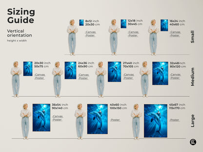 Sizing guide for vertical orientation art prints. It shows a man swimming with a dolphin underwater in various sizes. Available in canvas and poster options for small medium and large spaces.