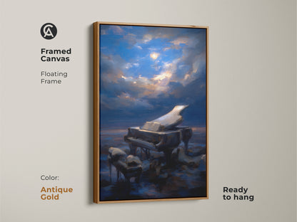 Framed canvas presents surreal grand piano art. This moonlit night sky artwork is ready to hang. The floating antique gold frame highlights its deep blue and gold accents. A unique home office art piece. Perfect for musician housewarming gifts. The canvas enhances any music lover's home.