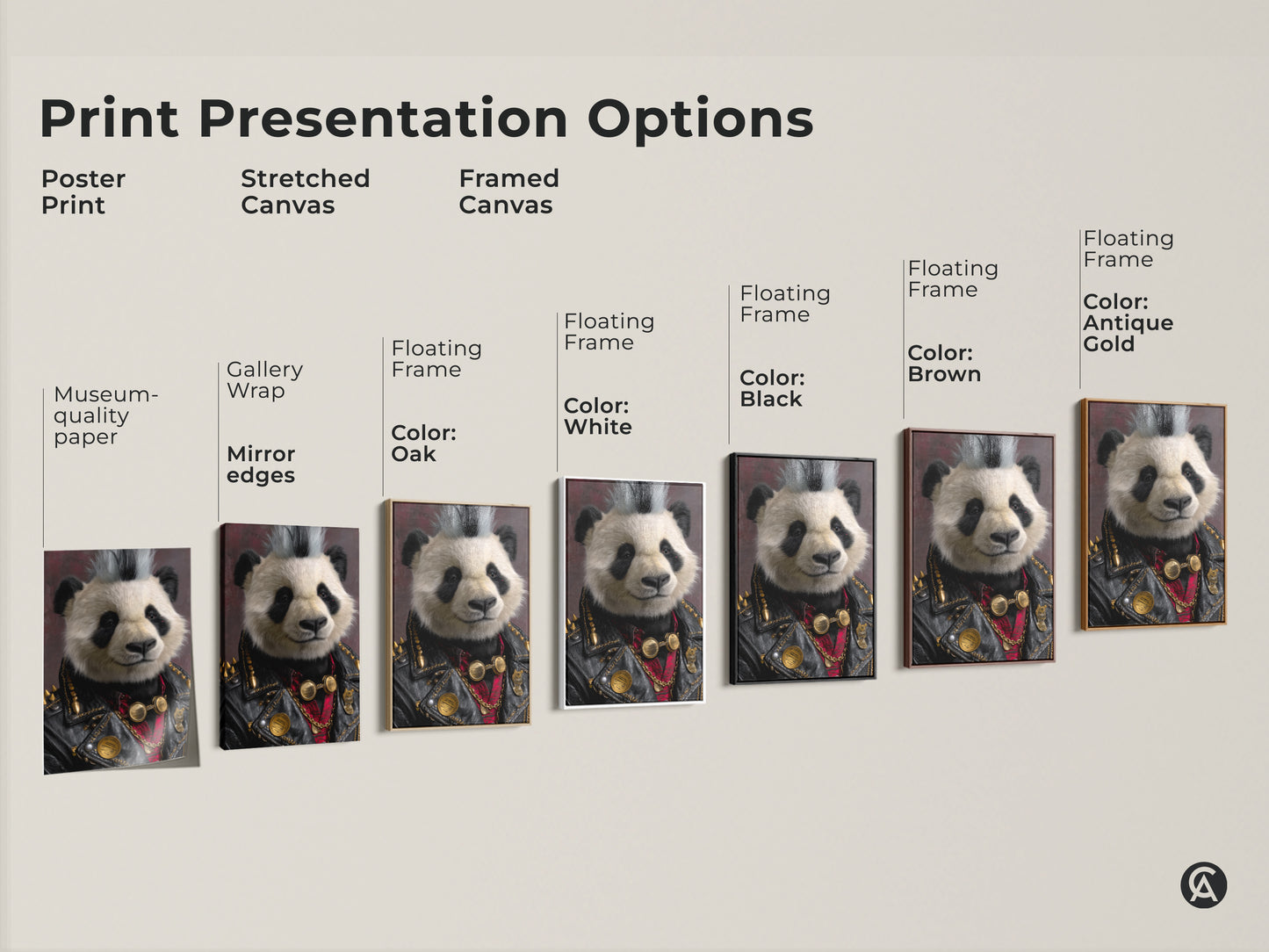 A presentation of the Punk Rock Panda artwork available in Poster Print stretched canvas and framed canvas. This provides a range of display options to suit any taste. Choose the ideal format to showcase this eclectic animal print in your home. This unique animal canvas is a bold statement.