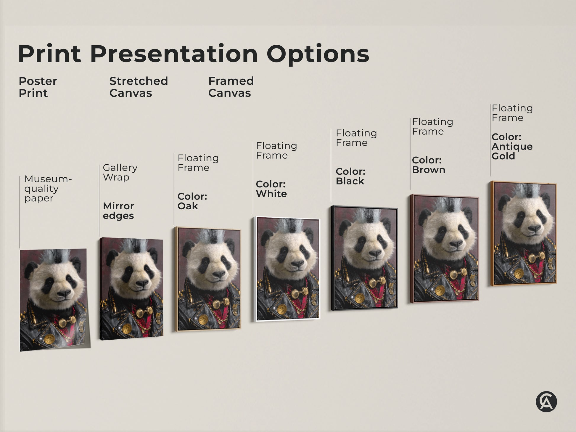 A presentation of the Punk Rock Panda artwork available in Poster Print stretched canvas and framed canvas. This provides a range of display options to suit any taste. Choose the ideal format to showcase this eclectic animal print in your home. This unique animal canvas is a bold statement.