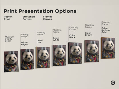 A presentation of the Punk Rock Panda artwork available in Poster Print stretched canvas and framed canvas. This provides a range of display options to suit any taste. Choose the ideal format to showcase this eclectic animal print in your home. This unique animal canvas is a bold statement.