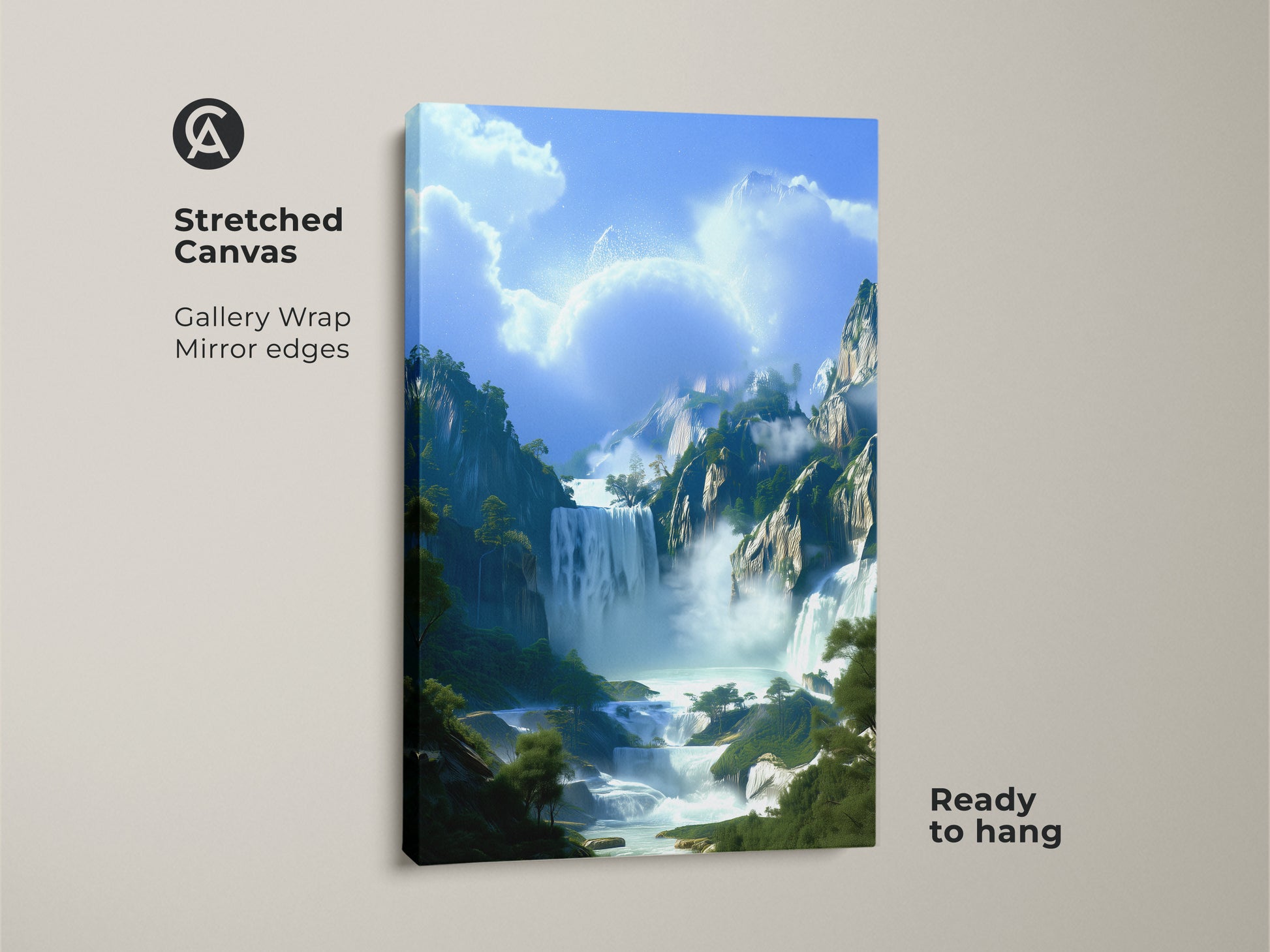 Elevate your home decor with this mountain forest landscape canvas. Showcasing a breathtaking waterfall and fantasy nature art this stretched canvas adds natural wonder to any space. Ready to hang and admire this blue green scenic print today.