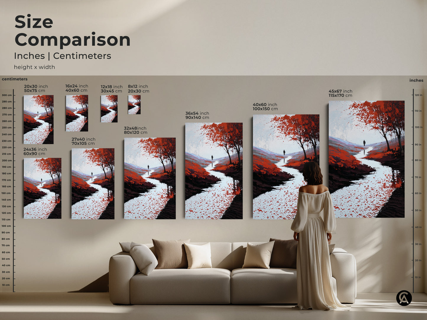 Size comparison of the nature scene print. The red orange river canvas is displayed in various dimensions. See how the lone walker wall art fits above a sofa. Choose the perfect size today.