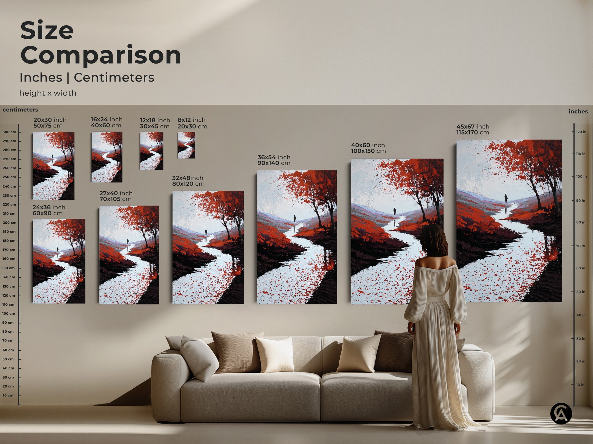 Size comparison of the nature scene print. The red orange river canvas is displayed in various dimensions. See how the lone walker wall art fits above a sofa. Choose the perfect size today.