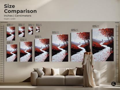 Size comparison of the nature scene print. The red orange river canvas is displayed in various dimensions. See how the lone walker wall art fits above a sofa. Choose the perfect size today.