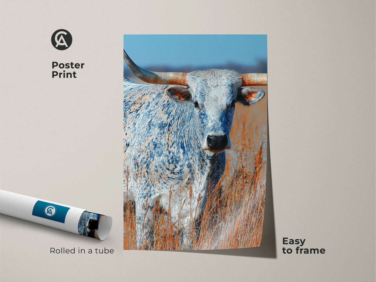 This poster print features a majestic longhorn bull. The animal is standing tall in a grassy field. This museum-quality paper print is easy to frame. The art is rolled in a tube for safe shipping. Get yours today.