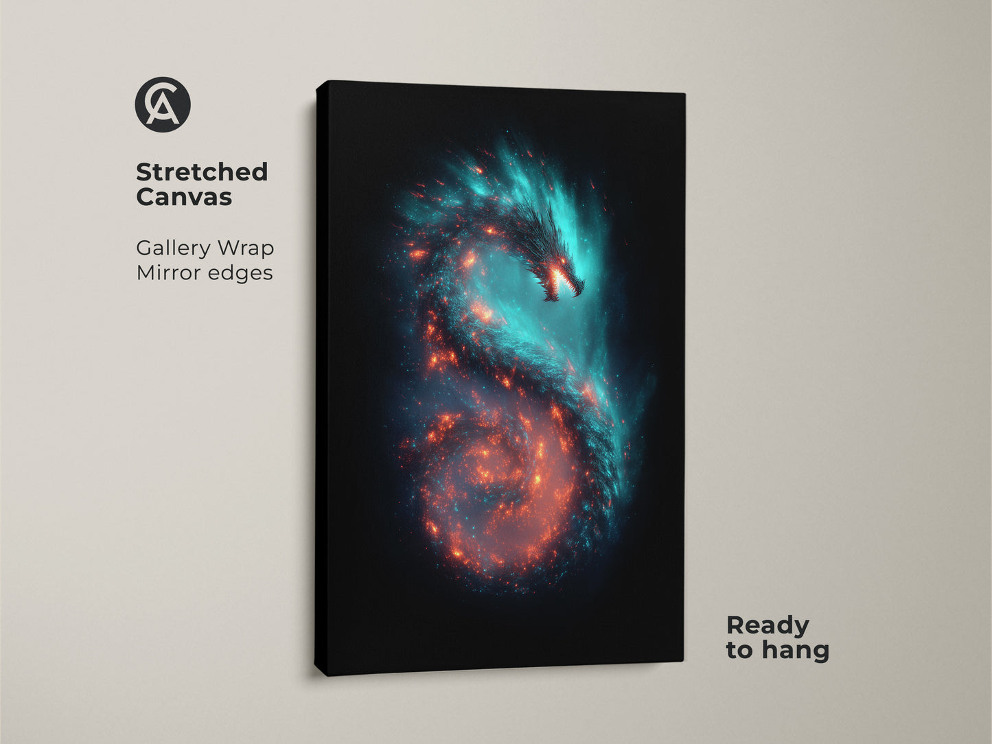 Stretched canvas gallery wrap featuring a surreal dragon galaxy. The artwork is a cosmic nebula print with mirror edges. Teal and orange colors swirl in this fantasy space art. A captivating piece ready to hang perfect for sci-fi bedroom decor.