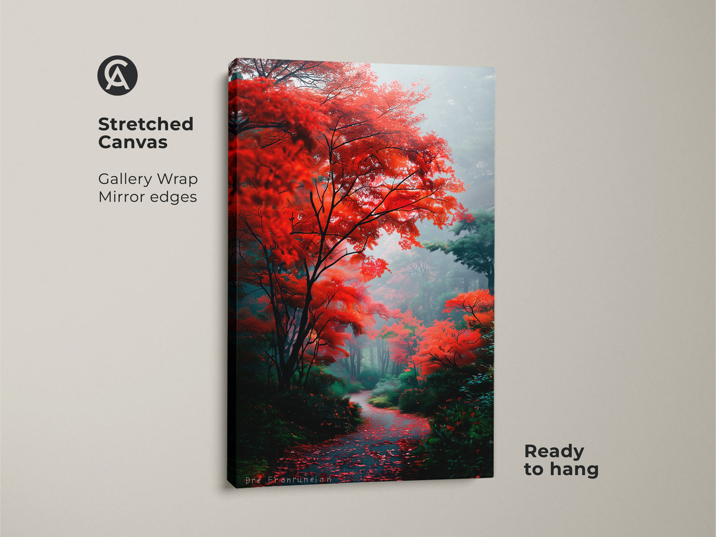 Elevate your space with this stunning stretched canvas art. The gallery wrap features a vivid autumn forest scene. The mirror edges add depth and dimension. This artwork is ready to hang and transform any room into a tranquil escape.
